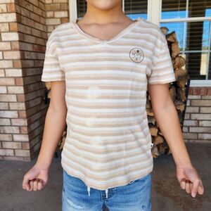 My brother John size 7 boys cream striped v-neck short sleeve shirt vintage styl
